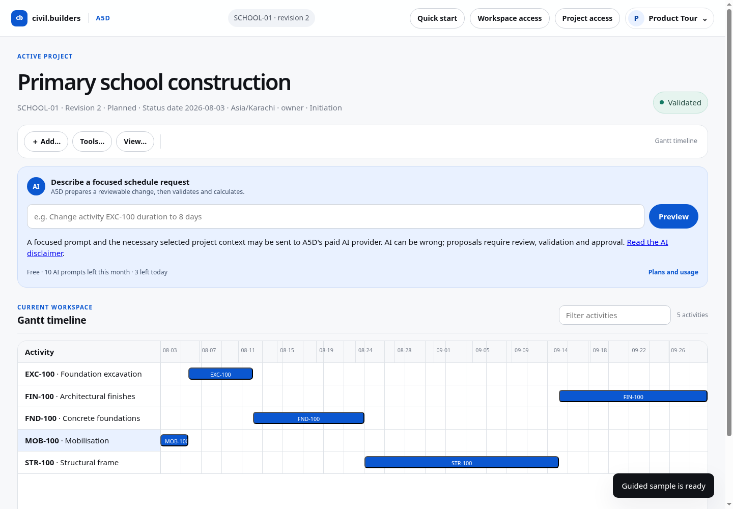 A5D schedule workspace showing activities in a focused table and Gantt view